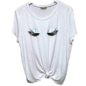 Madrag Eyelashes Graphic Tee 2XL White Short Sleeve Womens Top Y2K
